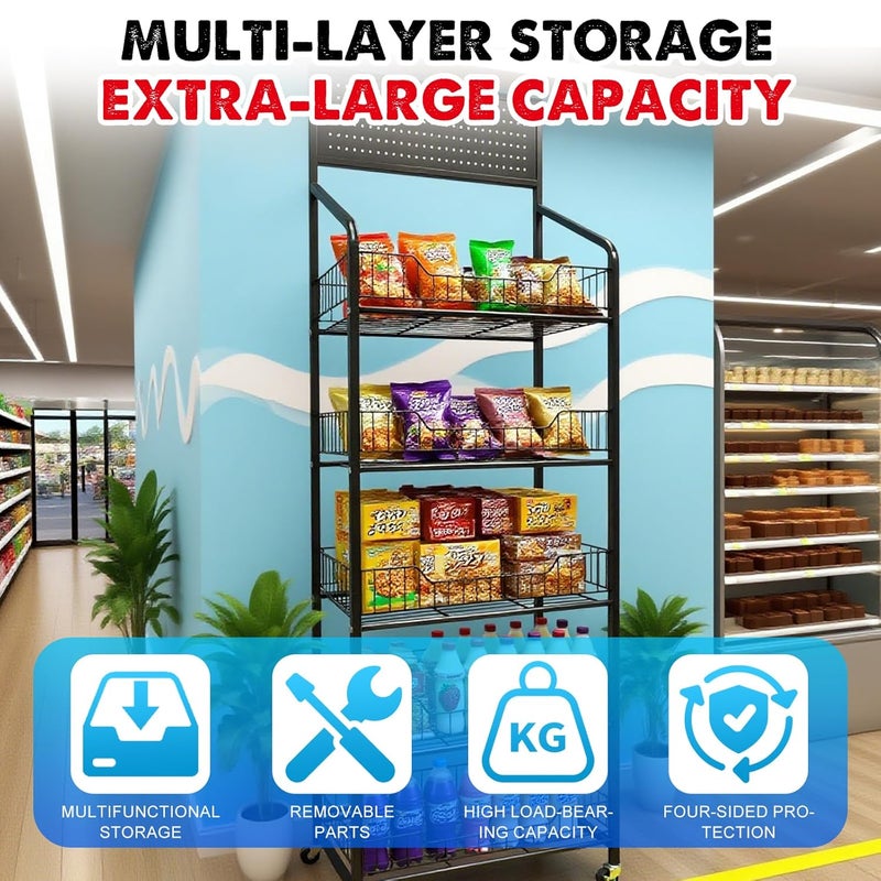 Nerxerx 5 Tier Retail Candy Display Rack Metal Storage Shelf with Wheels & 15 Hooks Concession Candy Snack Display Racks Sturdy and Stable Chip Shelf Rack for Stores, Kitchen, Office (5 Tier Black 50cm) - Image 3